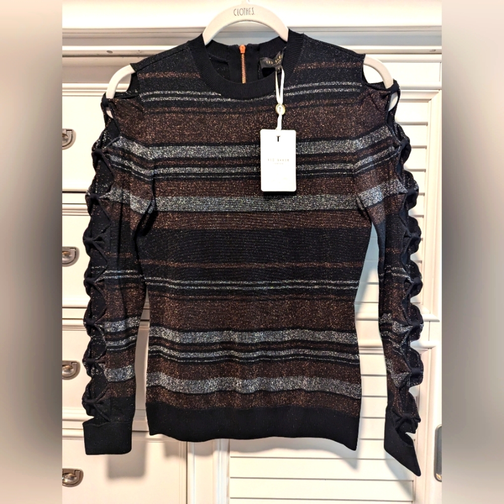 NWT Women's Ted Baker Jelinaa Striped Bow Sleeve Sweater Black Metallic US sz 4